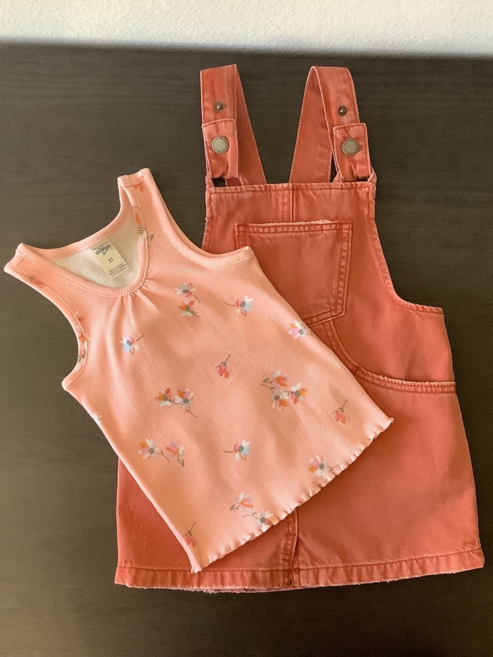 Cotton: On Girls 3T 2pc Denim Overall Dress Orange & Oshkosh B’gosh Tank Top 3T